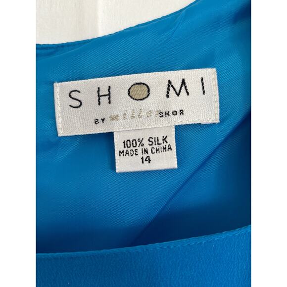 Shomi by Miller Shor 100% Silk Blue Sheath Dress Lined Short Sleeve Size 14 NWT - Picture 3 of 9